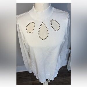 Belldini keyhole sweater ivory/gold sheer embellished sleeves large party ready